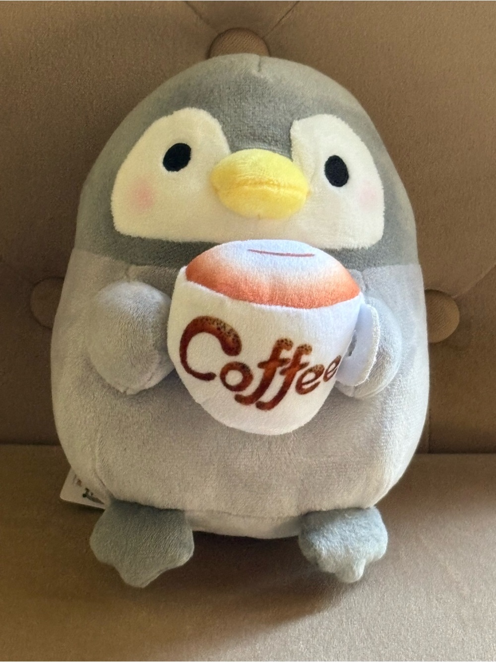 NWT Takashoji Gray Penguin Plush with Coffee Cup - Plush Toy (~6” tall)